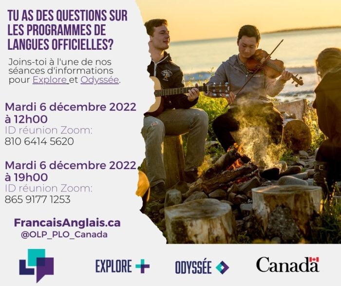 Tu as des questions sur les programmes de langues officielles? Joins-toi à l'une de nos séances d'information pour Explore et Odyssé le mardi 6 décembre 2022. FrancaisAnglais.ca