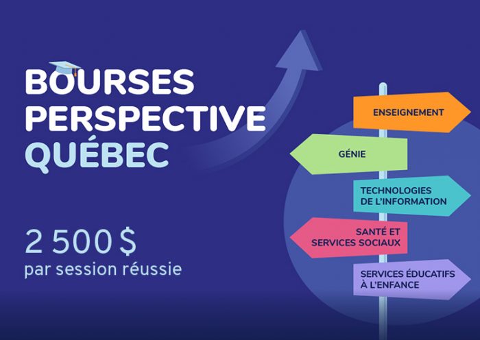 Bourses Perspective Québec - 2500$ par session réussie - Poteau avec panneaux de signalisation qui pointent dans plusieurs sens avec les noms : enseignement, génie, technologies de l'information, santé et services sociaux