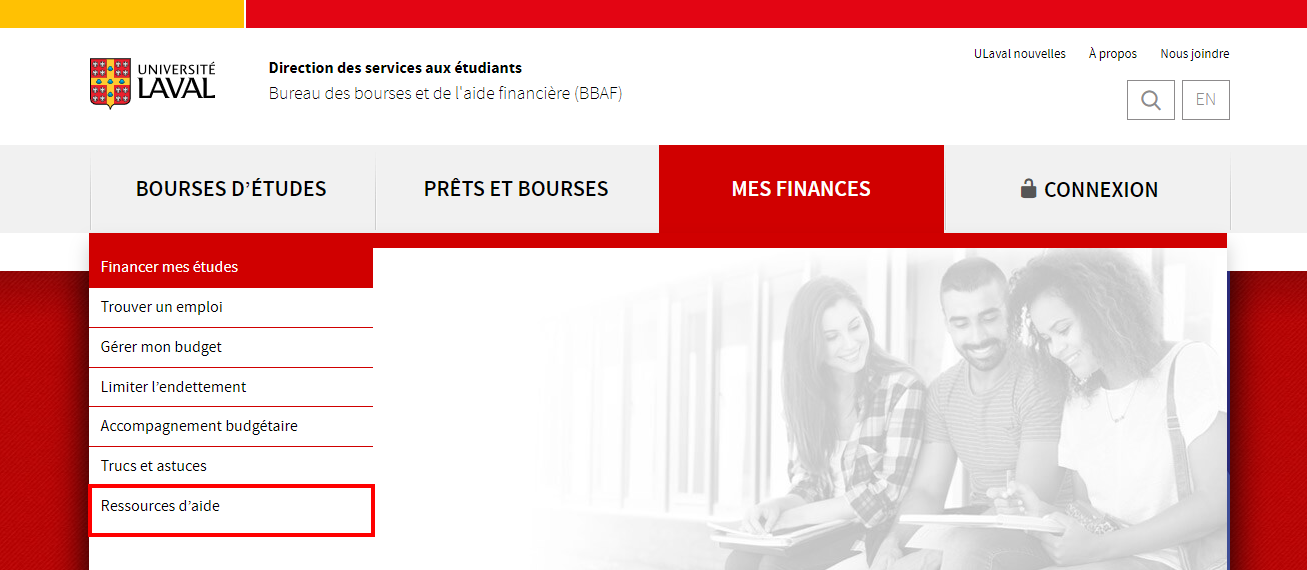 Visuel du menu «Mes finances»: Financer mes études; Trouver un emploi; Gérer mon budget; Limiter l'endettement, Accompagnement budgétaire, Trucs et astuces, Ressources d'aide