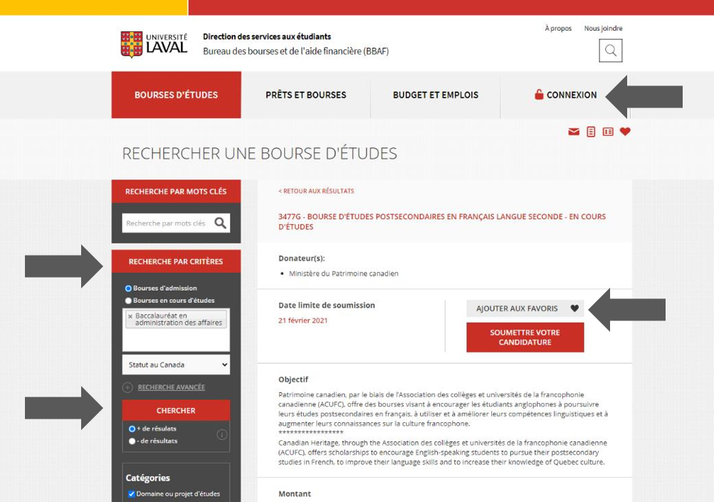 page d'accueil du répertoire de bourses avec une flèche pointant les éléments suivants: le bouton «connexion», le bouton «Ajouter aux favoris», la section «Recherche par critère» et le bouton «Chercher».