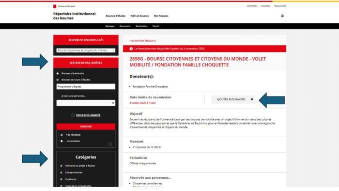 Page d'accueil du répertoire de bourses avec des flèches pointant les éléments suivants: le bouton «Ajouter aux favoris», la section «Recherche par critères» et la section «Catégories».